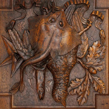 Load image into Gallery viewer, Pair Large Antique Black Forest Hand Carved Wood Panels Fruits of the Hunt Theme Trophy Wall Plaques - Still Life Carving of Birds & Fish, Stingray - Fishing & Hunting Decor