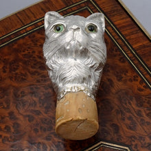 Load image into Gallery viewer, Antique French .800 Silver Dress Cane or Parasol Handle, Cat Kitten Head, Glass Eyes
