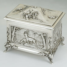 Load image into Gallery viewer, Antique Sterling Silver Jewelry Box Casket French Hunting Theme Deer Stag
