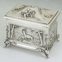 Load image into Gallery viewer, Antique Sterling Silver Jewelry Box Casket French Hunting Theme Deer Stag
