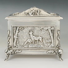 Load image into Gallery viewer, Antique Sterling Silver Jewelry Box Casket French Hunting Theme Deer Stag
