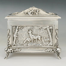 Load image into Gallery viewer, Antique Sterling Silver Jewelry Box Casket French Hunting Theme Deer Stag