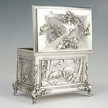 Load image into Gallery viewer, Antique Sterling Silver Jewelry Box Casket French Hunting Theme Deer Stag