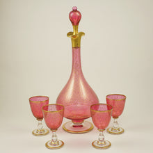 Load image into Gallery viewer, Antique Pink & Gold Gilt Glass Liquor Set Decanter Cordial Glasses Cups