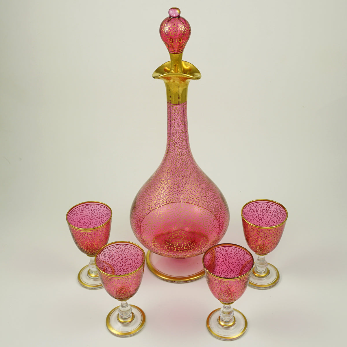 1950s drinking glasses with pink and gold design Antique Pink & Gold Gilt Glass Liquor Set Decanter Cordial Glasses Cup –  The Antique Boutique