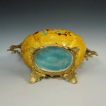 Load image into Gallery viewer, Large Antique Aesthetic French Faience Jardinière Cache Pot, Yellow & Turquoise Glaze, Bronze Dragon Mounts