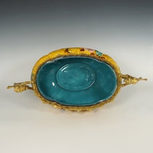 Load image into Gallery viewer, Large Antique Aesthetic French Faience Jardinière Cache Pot, Yellow & Turquoise Glaze, Bronze Dragon Mounts