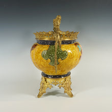 Load image into Gallery viewer, Large Antique Aesthetic French Faience Jardinière Cache Pot, Yellow & Turquoise Glaze, Bronze Dragon Mounts