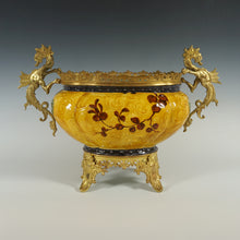 Load image into Gallery viewer, Large Antique Aesthetic French Faience Jardinière Cache Pot, Yellow & Turquoise Glaze, Bronze Dragon Mounts