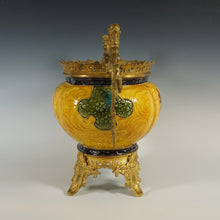 Load image into Gallery viewer, Large Antique Aesthetic French Faience Jardinière Cache Pot, Yellow & Turquoise Glaze, Bronze Dragon Mounts