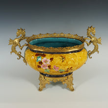 Load image into Gallery viewer, Large Antique Aesthetic French Faience Jardinière Cache Pot, Yellow & Turquoise Glaze, Bronze Dragon Mounts