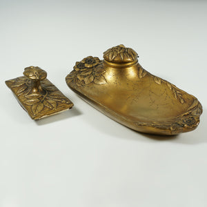 Art Nouveau French Bronze Inkstand, Inkwell & Blotter Set, Signed L.Levee