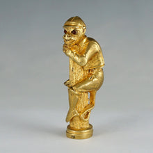 Load image into Gallery viewer, Antique Gilt Bronze Monkey Jockey Wax Seal Desk Stamp, Red Jeweled Eyes, Sculpture Figural