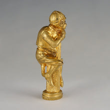 Load image into Gallery viewer, Antique Gilt Bronze Monkey Jockey Wax Seal Desk Stamp, Red Jeweled Eyes, Sculpture Figural