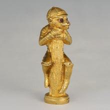 Load image into Gallery viewer, Antique Gilt Bronze Monkey Jockey Wax Seal Desk Stamp, Red Jeweled Eyes, Sculpture Figural