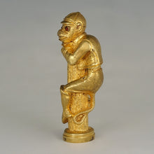 Load image into Gallery viewer, Antique Gilt Bronze Monkey Jockey Wax Seal Desk Stamp, Red Jeweled Eyes, Sculpture Figural