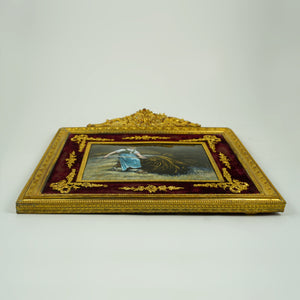 Antique French Limoges Enamel Miniature Portrait Plaque, Farm Scene, Empire Style Gilt Bronze Ormolu Frame