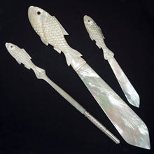 Load image into Gallery viewer, Antique French Silver & Carved Mother of Pearl Writing / Desk Set: Dip Pen, Letter Opener & Bookmark, c.1880's