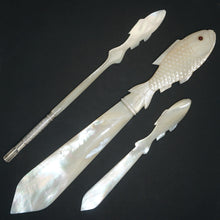Load image into Gallery viewer, Antique French Silver & Carved Mother of Pearl Writing / Desk Set: Dip Pen, Letter Opener & Bookmark, c.1880's
