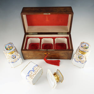 Antique French Rosewood Tea Caddy Box, Hand Painted Paris Porcelain Bottles