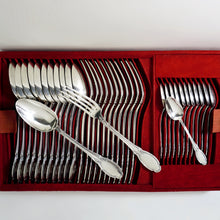 Load image into Gallery viewer, Antique French Sterling Silver 61pc Flatware Set, Service for 12, Dinner / Luncheon / Dessert, In Wooden Chest