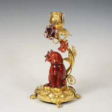 Load image into Gallery viewer, Antique French Gilt Bronze Ormolu Candle Holder Porcelain Flowers Dog Figurine Ox Blood Red Sang de Boeuf Boudoir Vanity Table