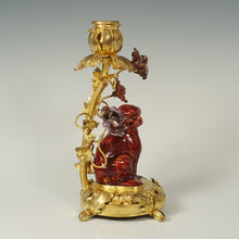 Load image into Gallery viewer, Antique French Gilt Bronze Ormolu Candle Holder Porcelain Flowers Dog Figurine Ox Blood Red Sang de Boeuf Boudoir Vanity Table