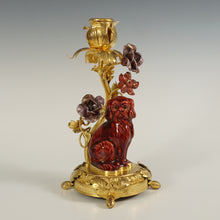 Load image into Gallery viewer, Antique French Gilt Bronze Ormolu Candle Holder Porcelain Flowers Dog Figurine Ox Blood Red Sang de Boeuf Boudoir Vanity Table