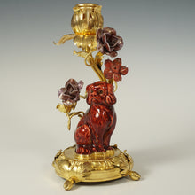 Load image into Gallery viewer, Antique French Gilt Bronze Ormolu Candle Holder Porcelain Flowers Dog Figurine Ox Blood Red Sang de Boeuf Boudoir Vanity Table