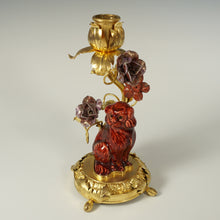 Load image into Gallery viewer, Antique French Gilt Bronze Ormolu Candle Holder Porcelain Flowers Dog Figurine Ox Blood Red Sang de Boeuf Boudoir Vanity Table