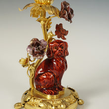 Load image into Gallery viewer, Antique French Gilt Bronze Ormolu Candle Holder Porcelain Flowers Dog Figurine Ox Blood Red Sang de Boeuf Boudoir Vanity Table