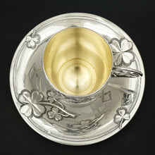 Load image into Gallery viewer, Antique French Sterling Silver Coffee Tea Cup & Saucer Set, Shamrock Clover Antique French Sterling Silver Coffee Tea Cup & Saucer Set, Shamrock Clover