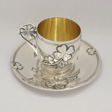 Load image into Gallery viewer, Antique French Sterling Silver Coffee Tea Cup & Saucer Set, Shamrock Clover Antique French Sterling Silver Coffee Tea Cup & Saucer Set, Shamrock Clover