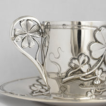 Load image into Gallery viewer, Antique French Sterling Silver Coffee Tea Cup & Saucer Set, Shamrock Clover Antique French Sterling Silver Coffee Tea Cup & Saucer Set, Shamrock Clover