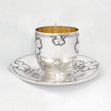 Load image into Gallery viewer, Antique French Sterling Silver Coffee Tea Cup & Saucer Set, Shamrock Clover Antique French Sterling Silver Coffee Tea Cup & Saucer Set, Shamrock Clover