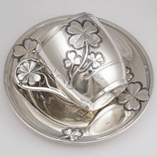 Load image into Gallery viewer, Antique French Sterling Silver Coffee Tea Cup & Saucer Set, Shamrock Clover Antique French Sterling Silver Coffee Tea Cup & Saucer Set, Shamrock Clover