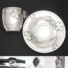 Load image into Gallery viewer, Antique French Sterling Silver Coffee Tea Cup & Saucer Set, Shamrock Clover Antique French Sterling Silver Coffee Tea Cup & Saucer Set, Shamrock Clover