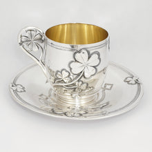 Load image into Gallery viewer, Antique French Sterling Silver Coffee Tea Cup & Saucer Set, Shamrock Clover Antique French Sterling Silver Coffee Tea Cup & Saucer Set, Shamrock Clover