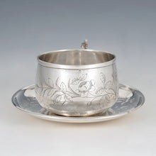 Load image into Gallery viewer, Antique French Sterling Silver Tea Cup & Saucer, Engraved Bird