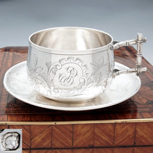 Load image into Gallery viewer, Antique French Sterling Silver Tea Cup & Saucer, Engraved Bird