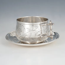 Load image into Gallery viewer, Antique French Sterling Silver Tea Cup & Saucer, Engraved Bird