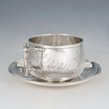 Load image into Gallery viewer, Antique French Sterling Silver Tea Cup & Saucer, Engraved Bird