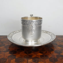 Load image into Gallery viewer, Antique French Sterling Silver Cup Saucer Set, Guilloche Engraving
