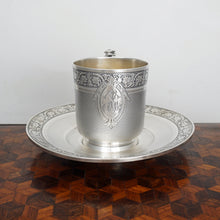 Load image into Gallery viewer, Antique French Sterling Silver Cup Saucer Set, Guilloche Engraving