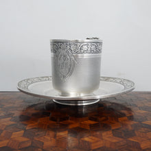 Load image into Gallery viewer, Antique French Sterling Silver Cup Saucer Set, Guilloche Engraving