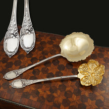 Load image into Gallery viewer, Antique French Sterling Silver Gold Vermeil Strawberry Spoon & Sugar Sifter Dessert Set