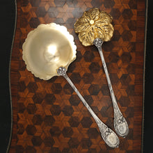 Load image into Gallery viewer, Antique French Sterling Silver Gold Vermeil Strawberry Spoon & Sugar Sifter Dessert Set
