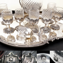 Load image into Gallery viewer, Antique French Sterling Silver Cut Crystal Liquor Service, Dragon Figural Decanter, Goblets & Tray