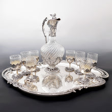 Load image into Gallery viewer, Antique French Sterling Silver Cut Crystal Liquor Service, Dragon Figural Decanter, Goblets & Tray