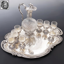 Load image into Gallery viewer, Antique French Sterling Silver Cut Crystal Liquor Service, Dragon Figural Decanter, Goblets & Tray